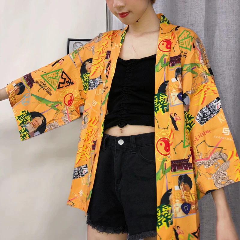 Халат желтый традиционные японские кимоно кардиган женское летнее в японском