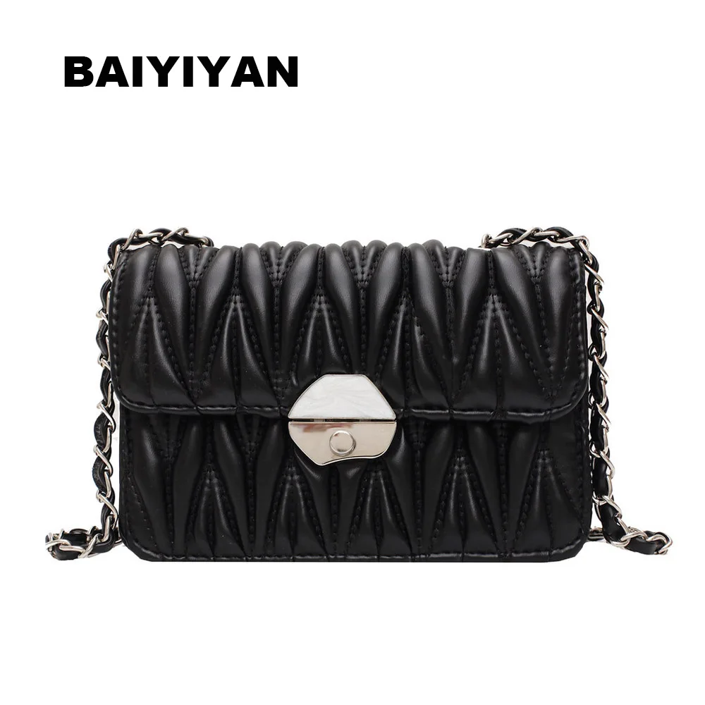 

2020 New Fashion Women PU Leather Pleated Crossbody Bag Ladies Beading Chains Shoulder Bag Striped Messenger Bag Handbag