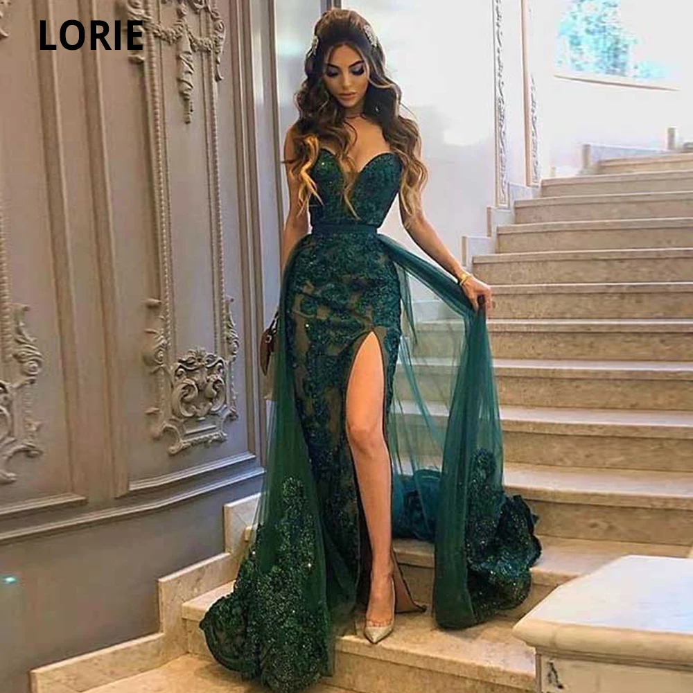 LORIE Dark Green Mermaid Evening Dresses V-neck Lace Appliques Beading Formal Prom Party Beauty Pageant Dresses with High Split (0)