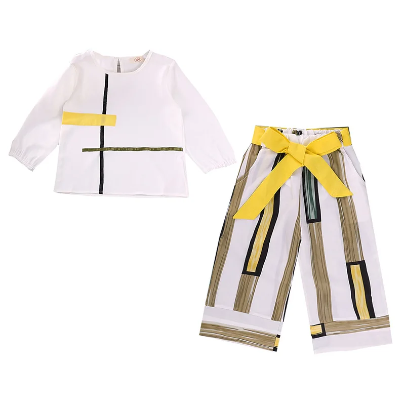 

Baby Girl Clothes Girls suit 2020 Autumn Winter New Geometric Print Long-sleeved + Striped Wide-leg Pants Two-piece
