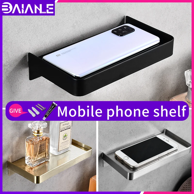 

bathroom shelfs rack stainless steel wall mounted screw free installation black mobile phone shelfs shower toilet roll holder