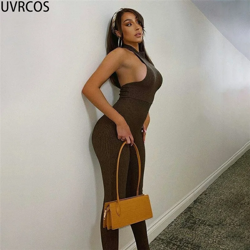 

UVRCOS Jumpsuit Women Elastic Rib Sleeveless Slim Fitness Activewear Summer 2021 Club Outfits For Women Backless Casual Playsuit