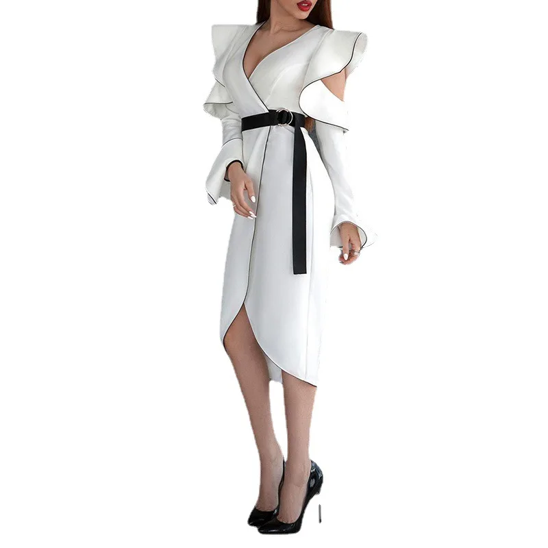 

WEPBEL Solid Color Lace Up Dress Women's Casual Slit Irregular Dress Summer Sexy Ruffles Slim Fit Patchwork Flare Sleeve Dress