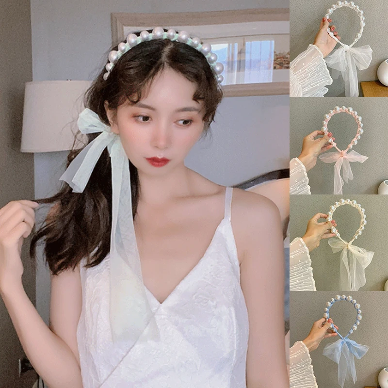 

Повязка на голову женская с Жемчужной Лентой, Нежный кружевной головной убор в Корейском стиле, милый и изысканный головной убор с жемчугом
