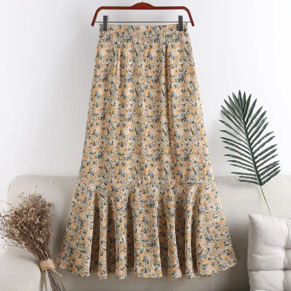 

Women Summer Boho Floral Mermaid Skirts High Waist Vintage Retro Bohemian Ruffle Casual Long Fishtail Skirt Female