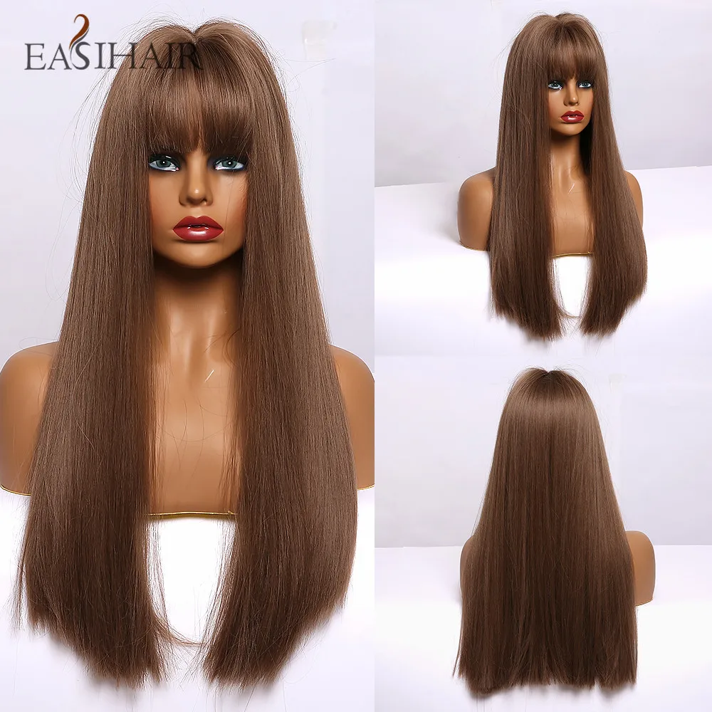 EASIHAIR женские длинные прямые черные и коричневые Омбре парики с челкой