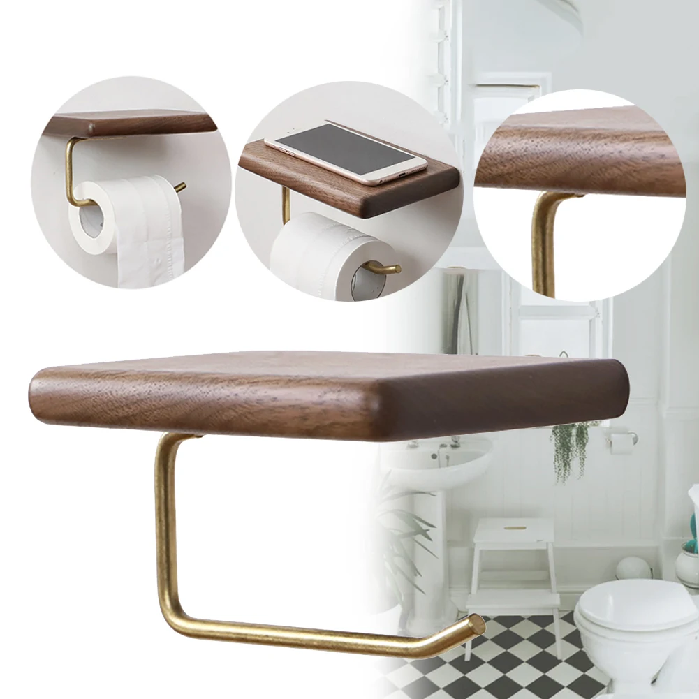 

Kitchen Home Durable Space Saving Wall Mounted Bathroom Tissue Hanging Paper With Wooden Shelf Toilet Roll Holder Towel Rack