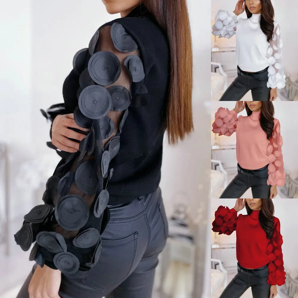 

Women's Sheer Mesh See-through Blouse 2021 New Fashion Elegant Slim Polka Dot Puff Long Sleeve Tops Shirt Turtleneck Fall Blouse