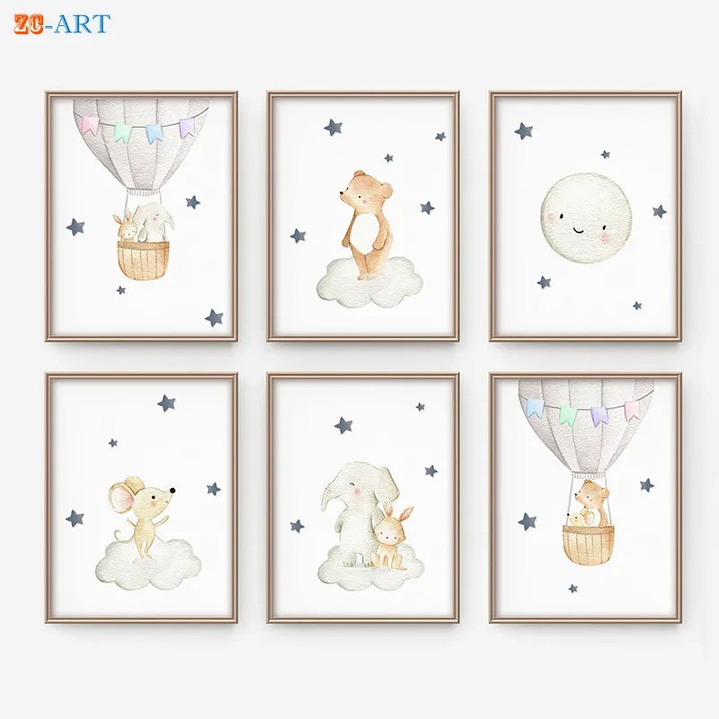 Детские животные принты луна звезда облака плакаты холст живопись серый