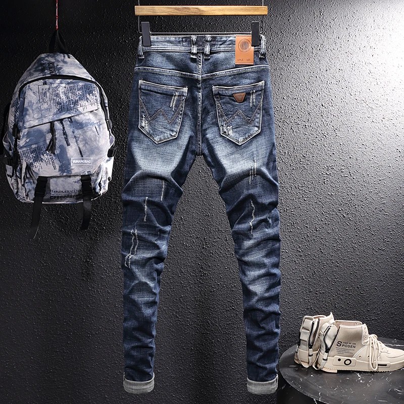 European Vintage Fashion Men Jeans Retro Black Blue Slim Fit Ripped Jeans Men Scratch Designer Frayed Hole Casual Denim Pants