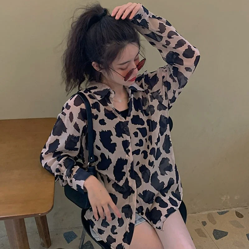 

Women Loose Retro Hong Kong-flavored Long-sleeved Leopard Print Women's Summer Sunscreen Shirt Jacket