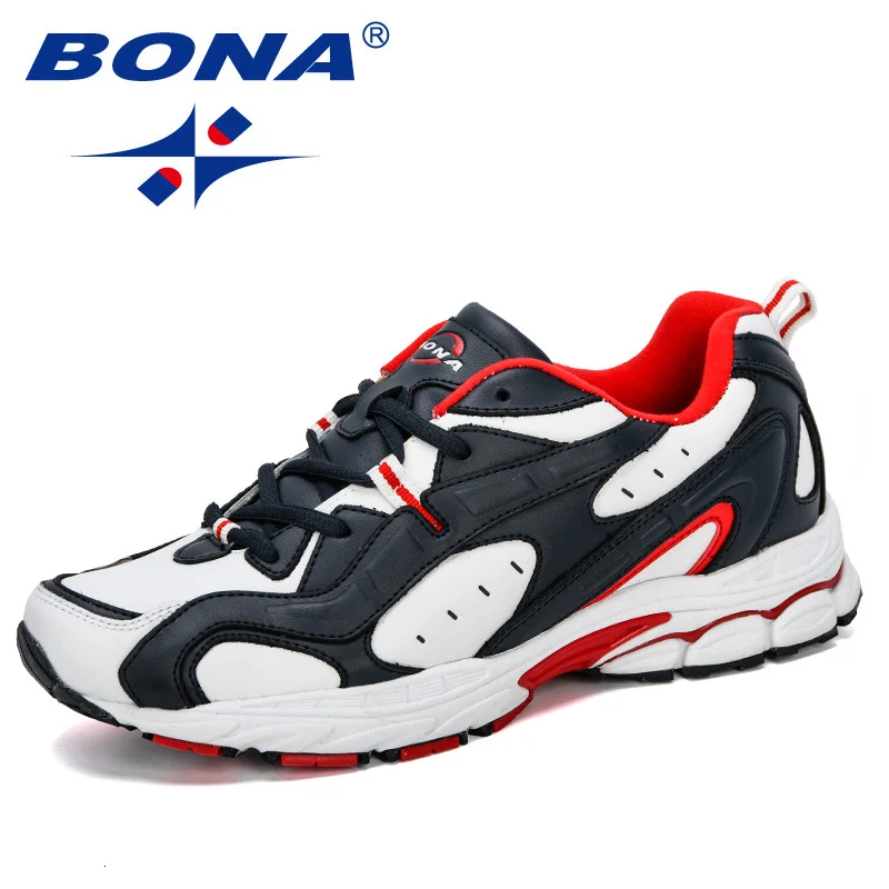 White Red BONA кроссовки на подушке, светильник, мужские кроссовки на шнуровке, яловичный спилок, дышащая обувь, Уличная обувь для бега, Мужская беговая Обувь - Цвет: White Red