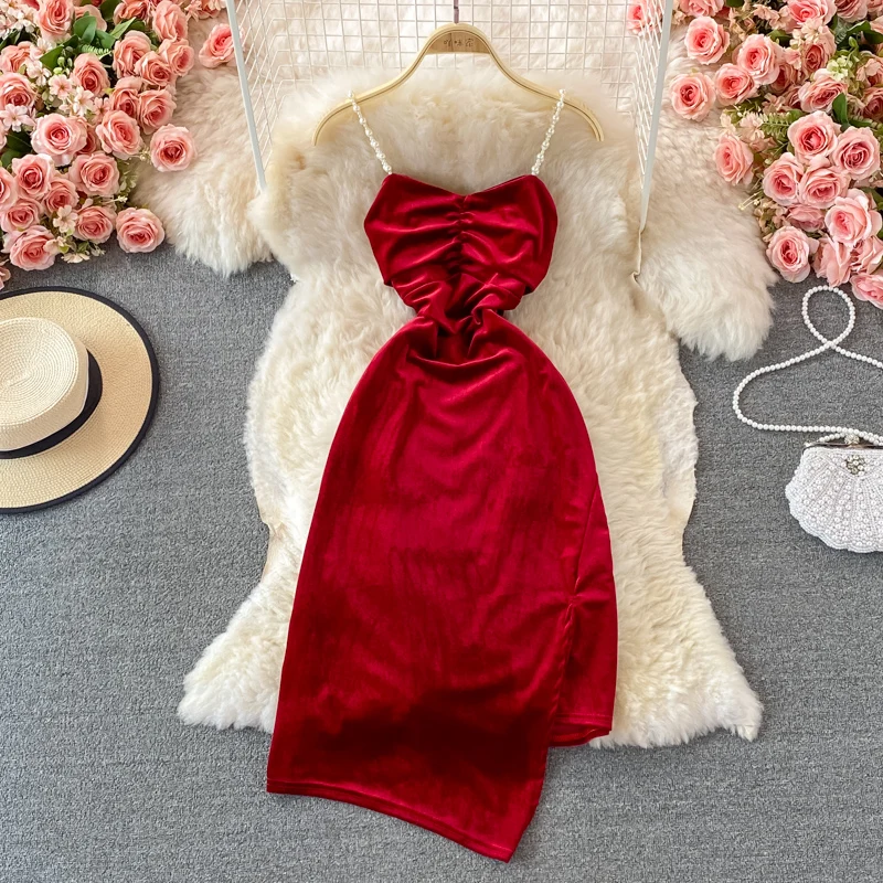Осеннее праздвечерние чное красное платье элегантное Новое корейское