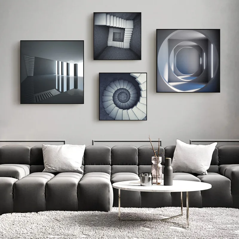 

Gray Background Abstract Square Stairway Landscape Canvas Painting Printing And Poster Wall Picture Living Room Home Decorative