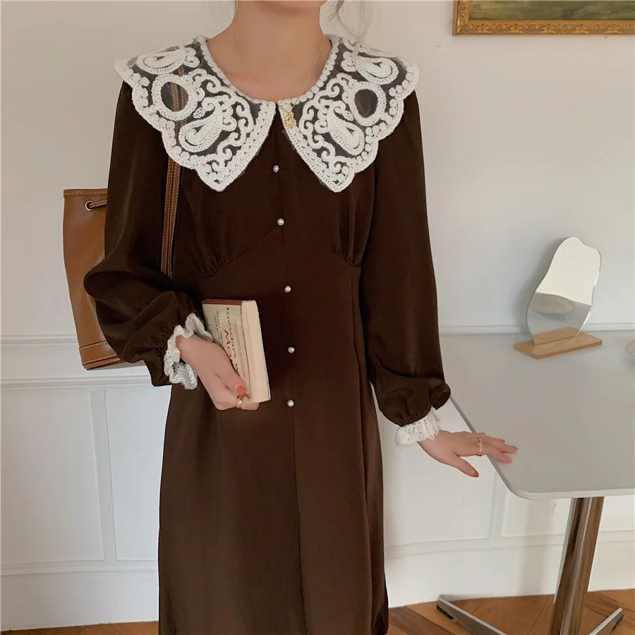 

HziriP 2021 New Spring Autumn Women Dresses Vintage Doll Collar Elegant Female Stitching Lace Long Sleeve Thick Black Maxi Dress