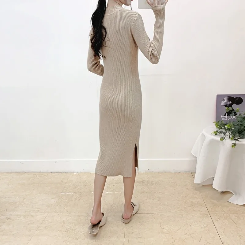 

Elegant OL Sweater Dress Female Winter Warm Knitwear Slim A-line Basic Casual Screw Thread Mid-Calf Lady Fall Dresses for Women