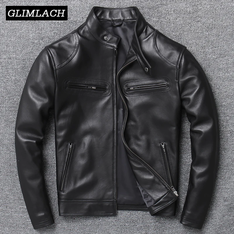 Куртка мужская из натуральной овечьей кожи приталенный Байкерский пиджак