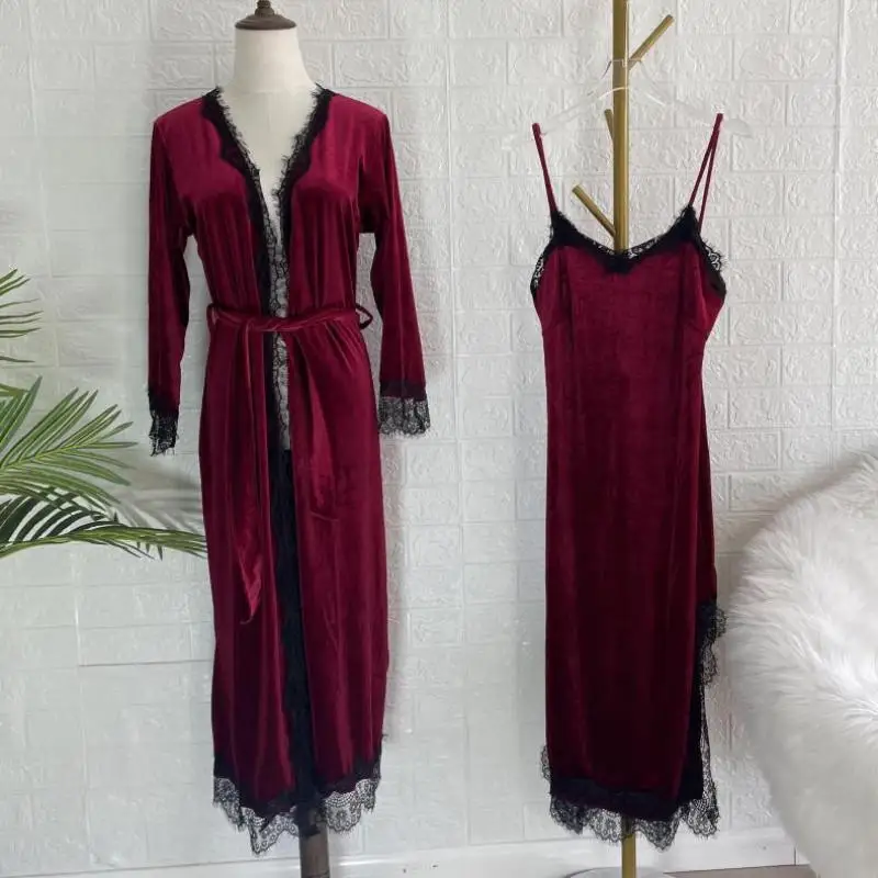 

Lace Robe Suit Lady Velour 2PCS Sleepwear Autumn Bridal Wedding Kimono Gown Long Sleep Set Velvet Intimate Lingerie Home Wear