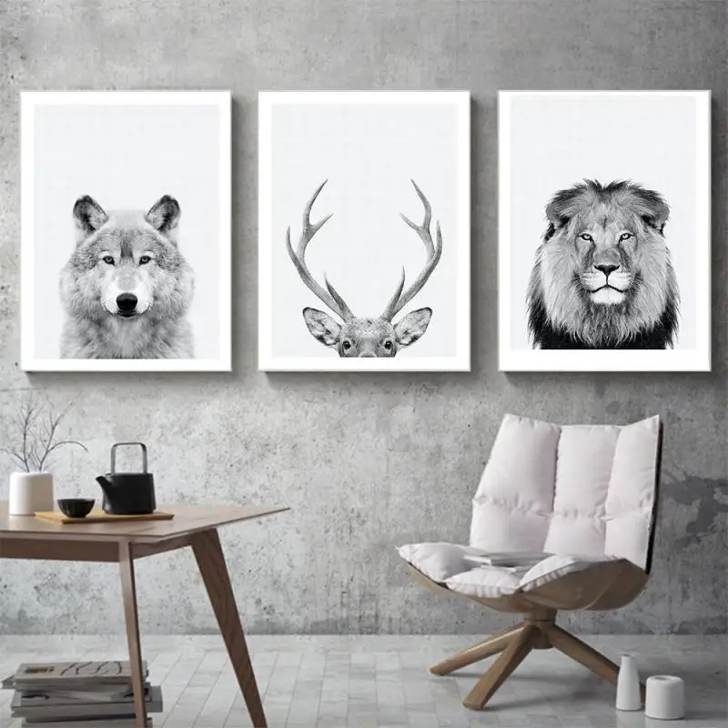 

Canvas Painting Animal Wall Art Wolf Lion Deer Portrait Posters And Prints Black White Wall Pictures For Living Room Home Decor