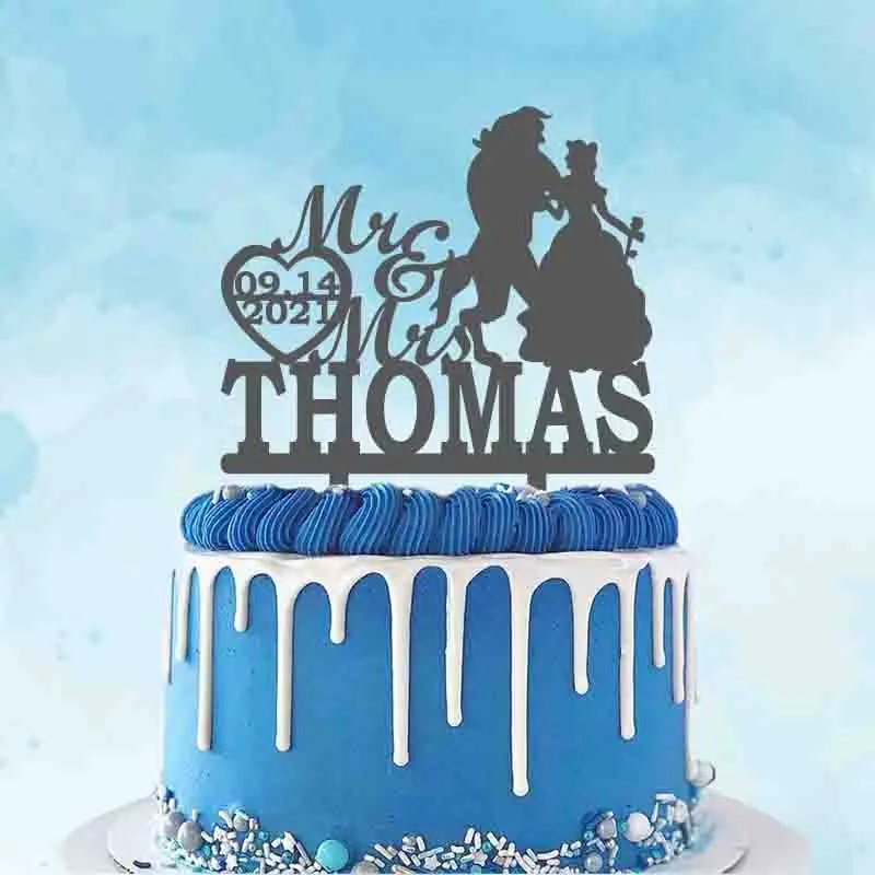 

Personalized Wedding Cake Topper Custom Mr Mrs Name Wedding Date Beauty and Beast Cake Topper For Wedding Party Cake Decoration