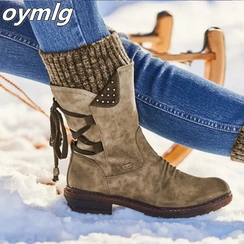 

2020 New Warm Winter Snow Boots Women Zipper Fashion PU Leather Mid-Calf Boots Back Lace-up Design Boots Solid Low Heel Shoes