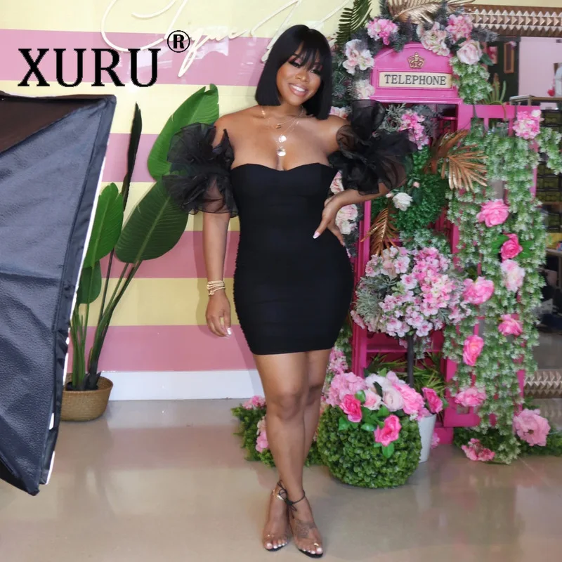 

XURU 2020 Summer Explosive Dress Solid Color Stitching Sexy Short Dress