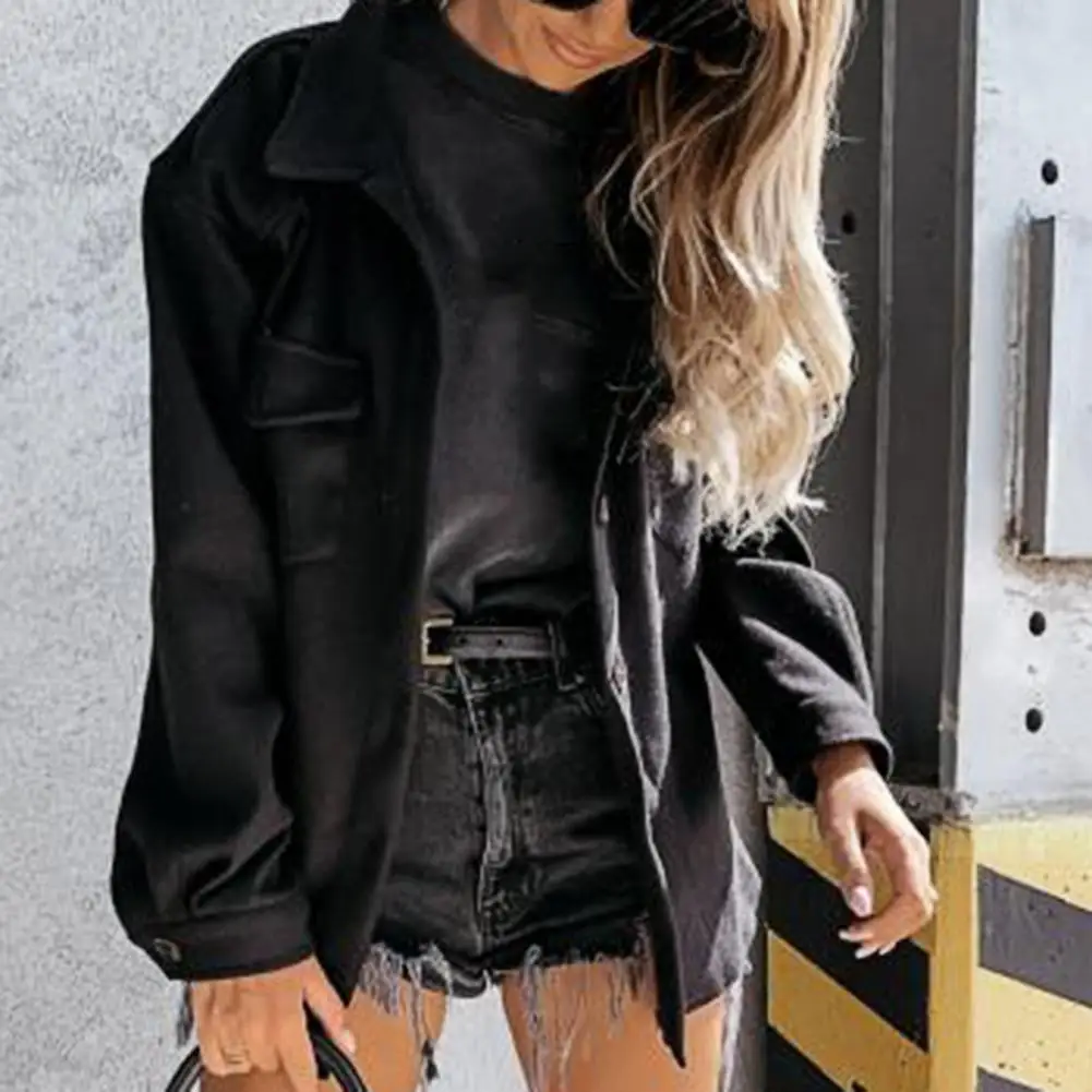 

Куртка женская однотонная с отложным воротником, Повседневная Свободная рубашка, Осень-зима