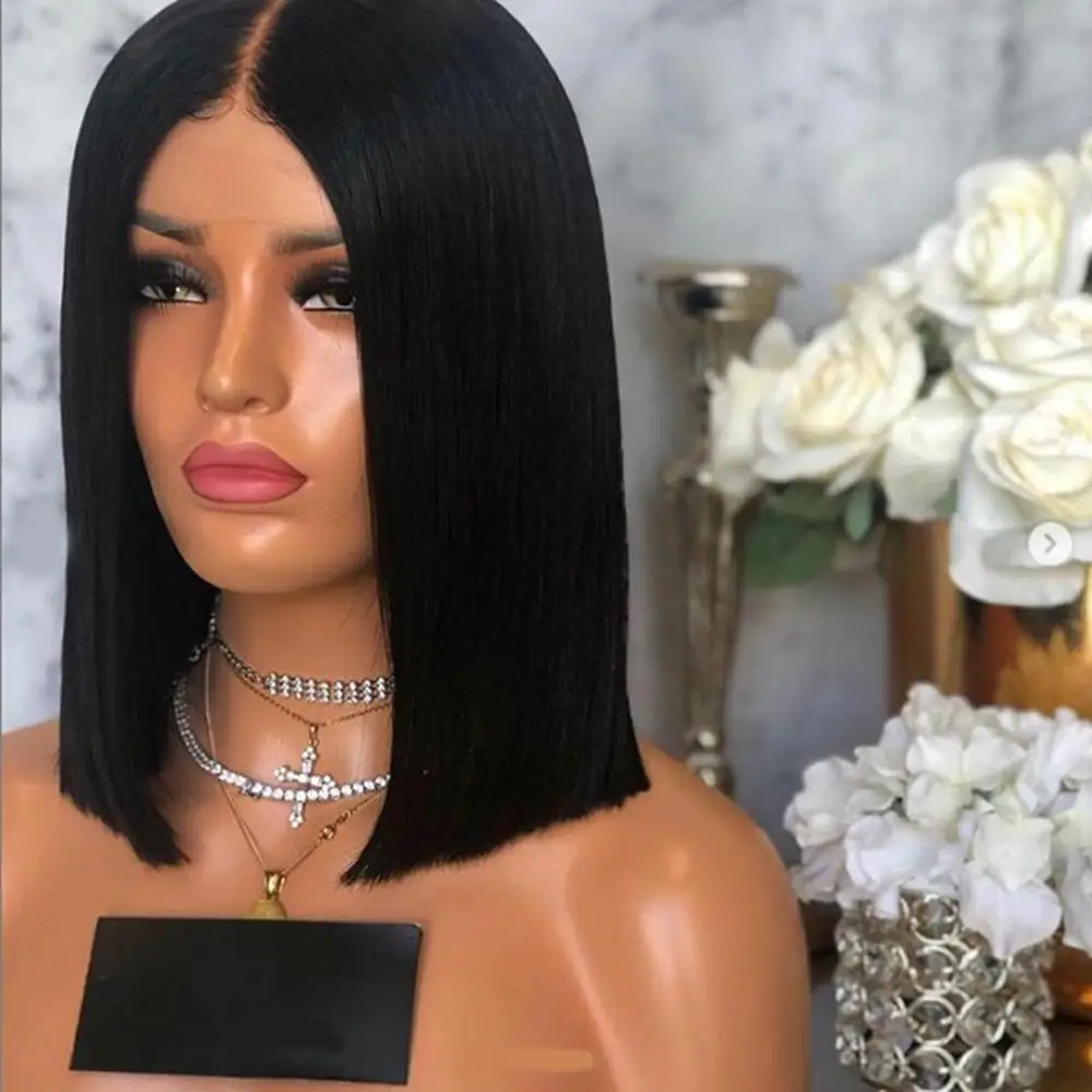 

DLME черный фронтальный парик шнурка для чернокожих женщин термостойкие волосы черный короткий боб синтетический парик фронта шнурка