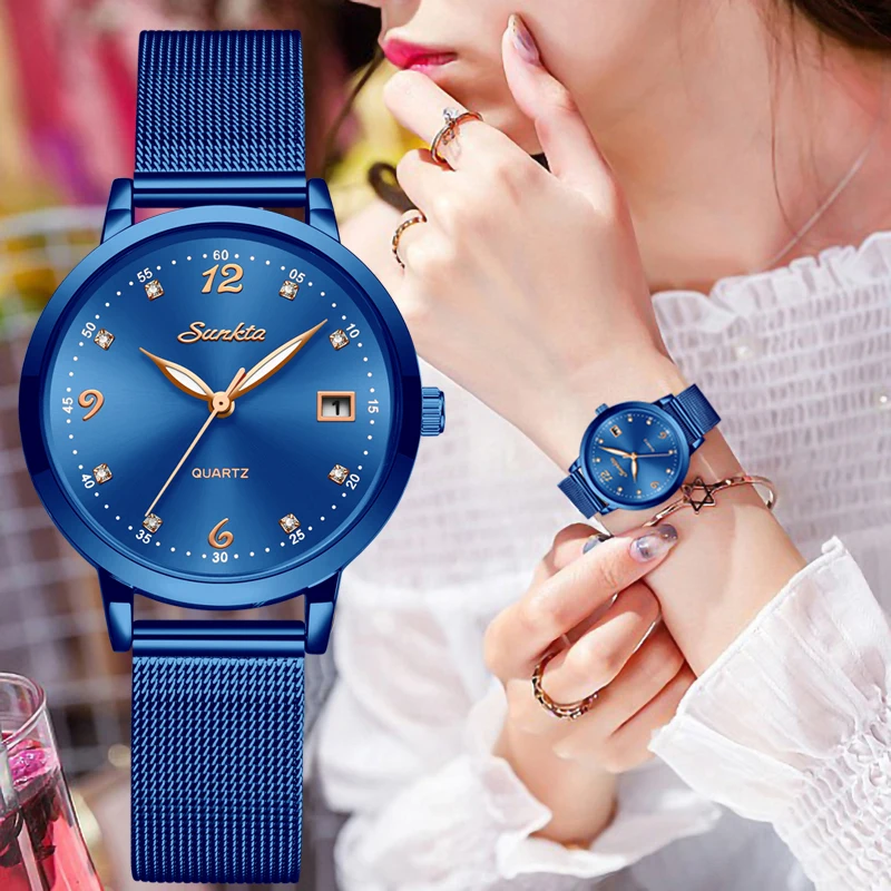 SUNKTA брендовые роскошные часы женские модные платья Кварцевые наручные из