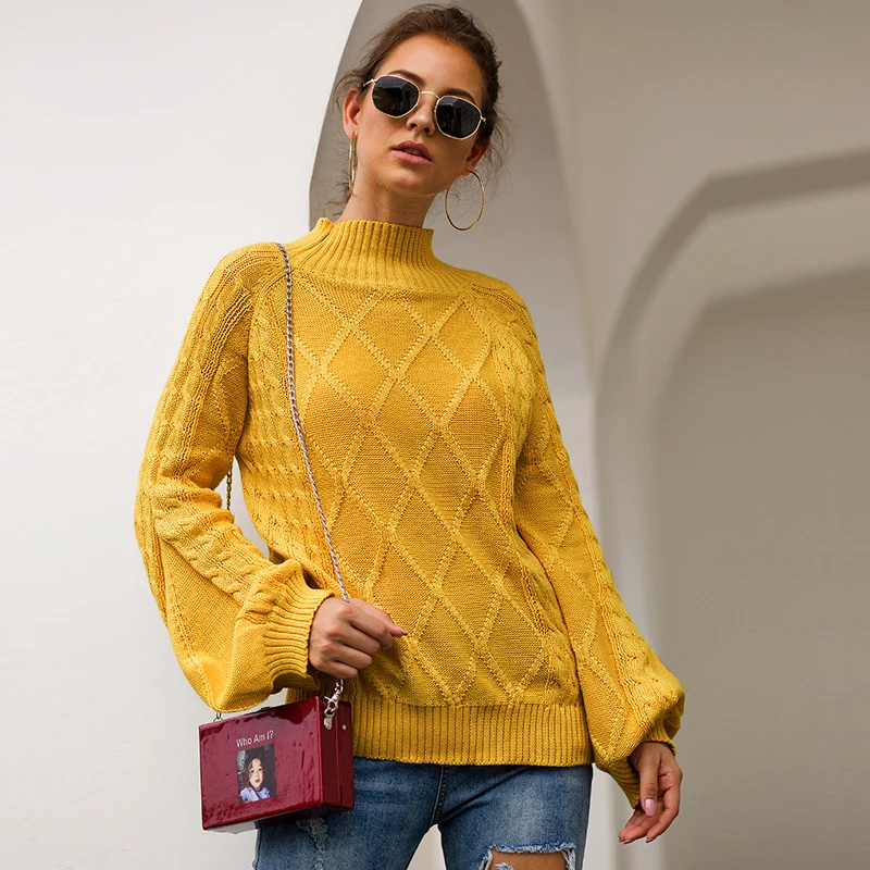 Женский трикотажный свитер Lossky свободный желтый с высоким воротом и длинным