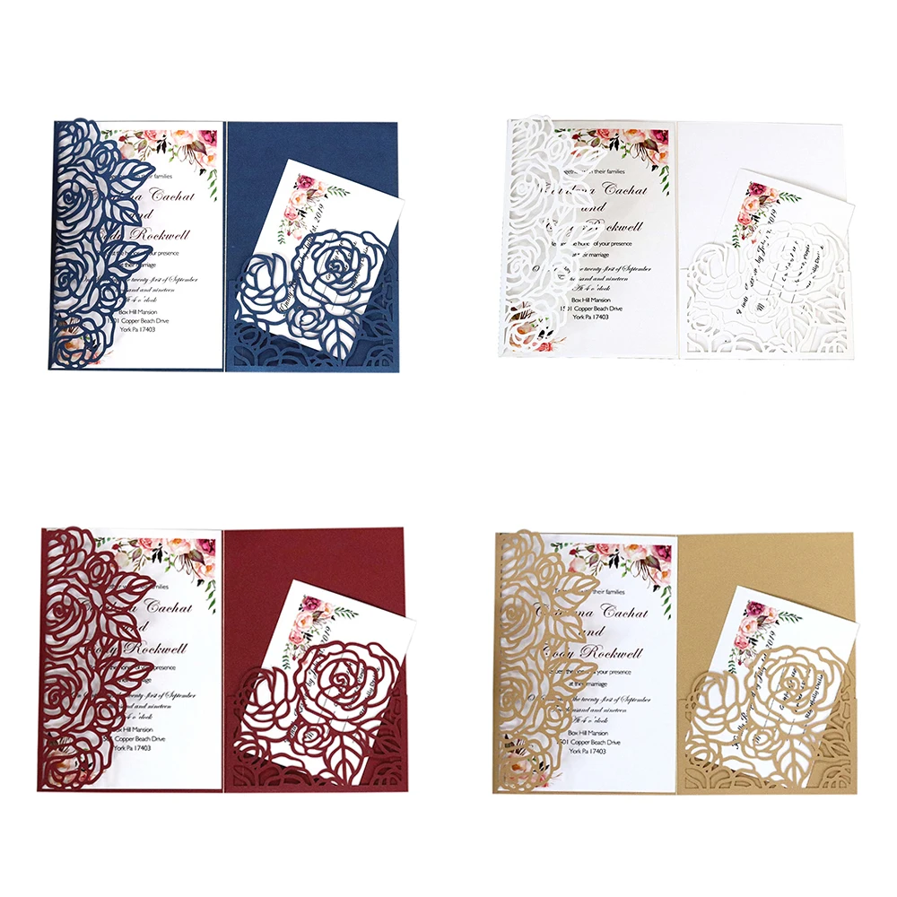 10Pcs/Pack Tri-fold Laser Hollow Plane Rose Dark Blue / White Red Beige Gold Pocket Wedding Business Invitation Cards | Дом и сад