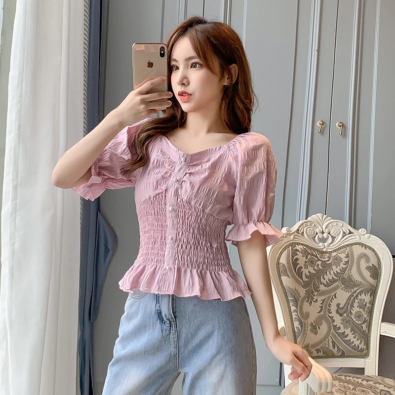 COIGARSAM шифоновая блузка женская с расклешенными рукавами плиссированные