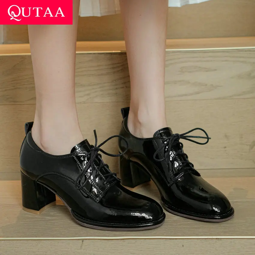 

QUTAA 2021 Patent Leather Fashion Square High Heels Round Toe All Match Women Shoes Spring Autumn Lace Up Female Pumps Size34-42