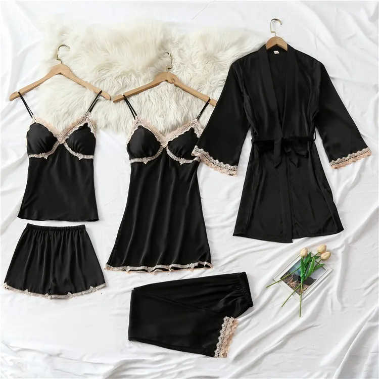 

5 Piece Sleepwear Women Pajamas Satin Nightwear Kimono Bathrobe Gown Silky Robe With Lace Sexy Lounge Wear Intimate Lingerie
