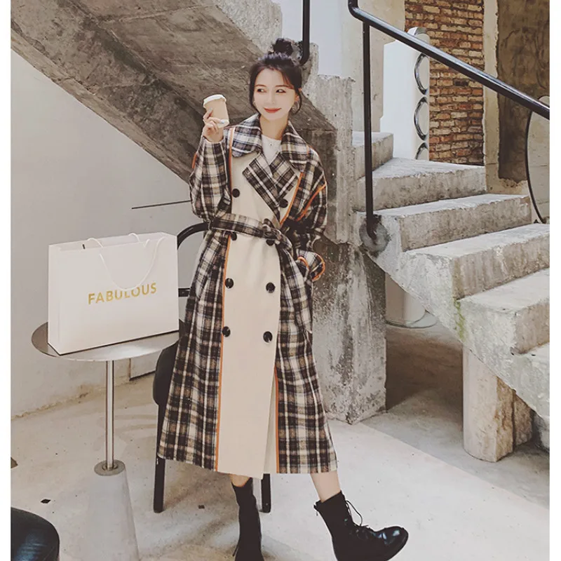 

Autumn Winter Women Plaid Splice Double Breasted Long Trench Coat Wool Blends Jacket Korean Belted Overcoat Female
