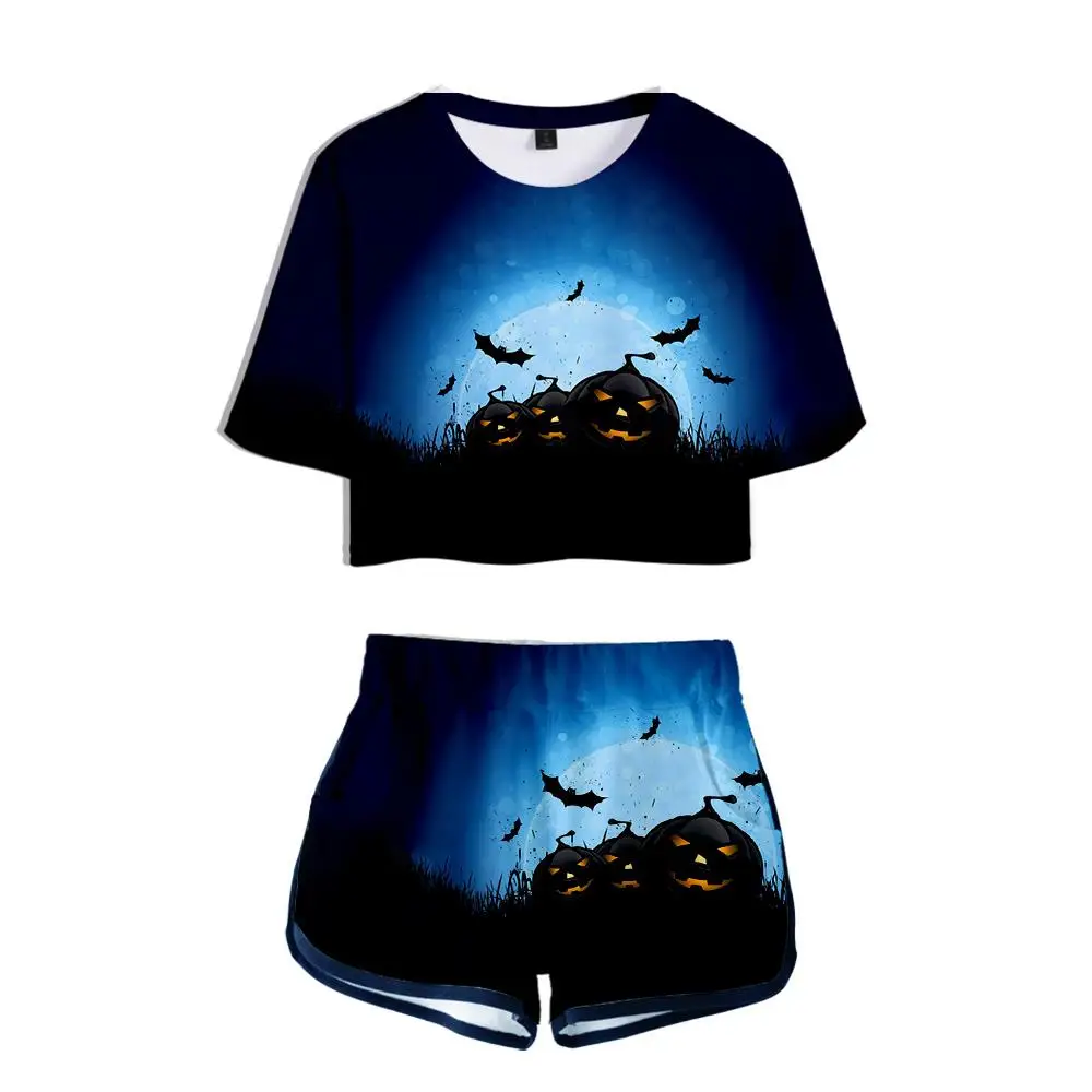 

Happy Halloween Two Pieces sets Women Girls Fashion Sexy Sport Suit Crop tops and Shorts Happy Halloween Two Pieces set Suits