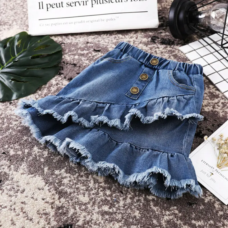 

Emmababy Toddler Kids Girls Blue Denim Mini Skirt Ruffles Button Fashion Jean Skirt Casual Summer