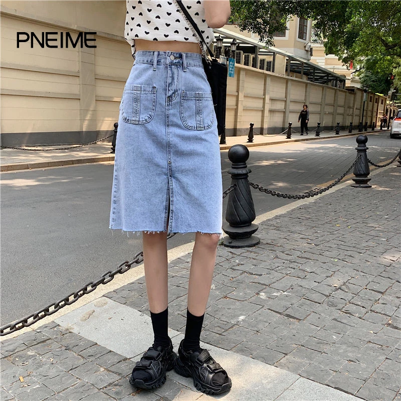 

Юбка джинсовая женская, юбка средней длины с высокой талией и разрезом по бедрам, тонкая, универсальная, для лета