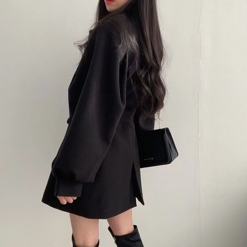 

Women's Clothing Coats & Jackets Wool & Blends Chic Belt Lace Up Waist Slim Lapel Two Button Lantern Sleeve Woolen Coat Winter