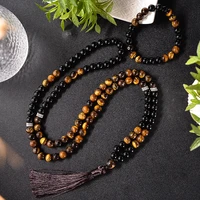 8mm natural yellow tiger eye black agate beaded mala necklace meditation yoga blessing bracelet set 108 rosary jewelry