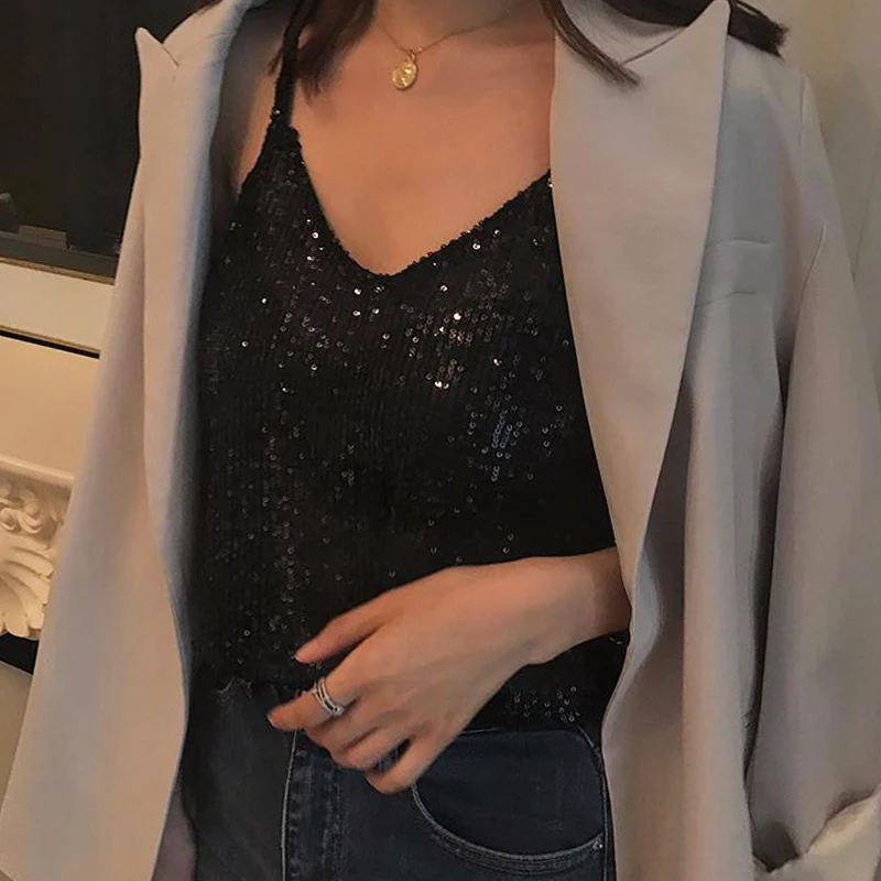 Женская майка с блестками MUMUZI Черная из бамбукового хлопка укороченный топ без