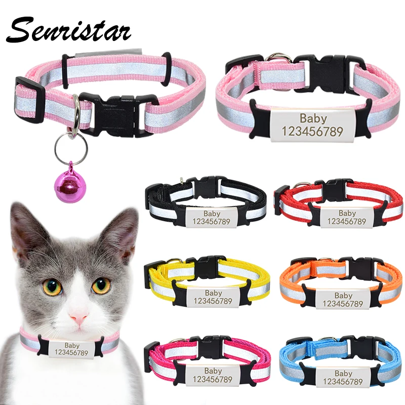 Personalizada placa gato Collar con cascabel Collar de seguridad de Nylon reflectante grabado