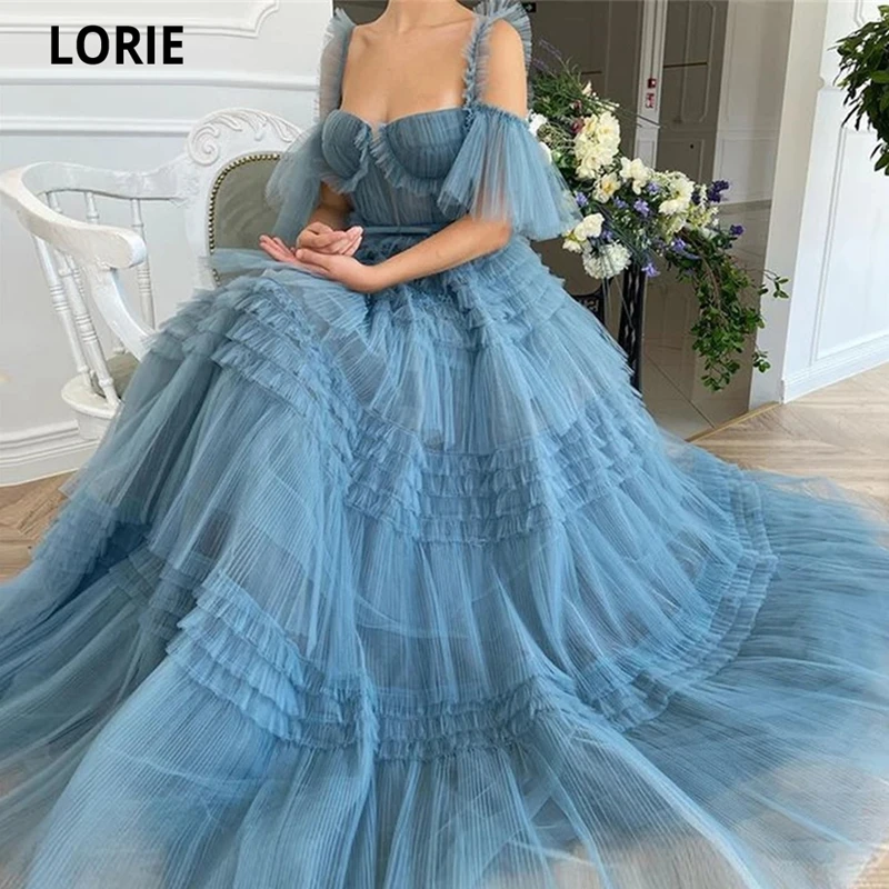 

LORIE Fairy Prom Dresses Spaghetti Strap A-Line Cap Seeves Pleats Tulle Custom Made Evening Dresses Celebrity Party Gown
