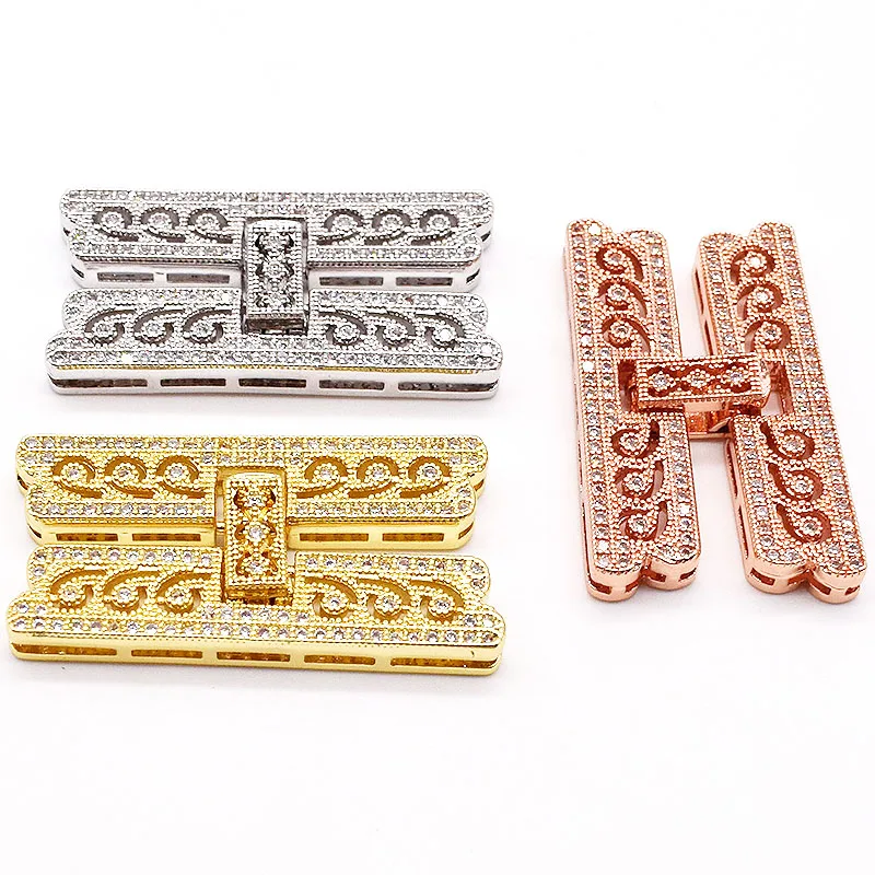 2pcs  High Quality 18x36mm 18k Gold Plated Clear CZ Micro Pave 4 Strand Clasp For Jewelry Making
