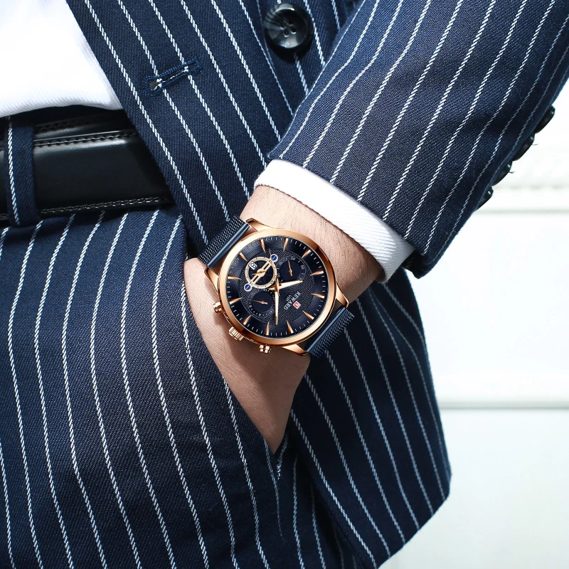 

2020 New REWARD Blue Mesh Belt Fashion Quartz Gold Watch Mens Watches Top Brand Luxury Waterproof Sport Clock Relogio Masculino