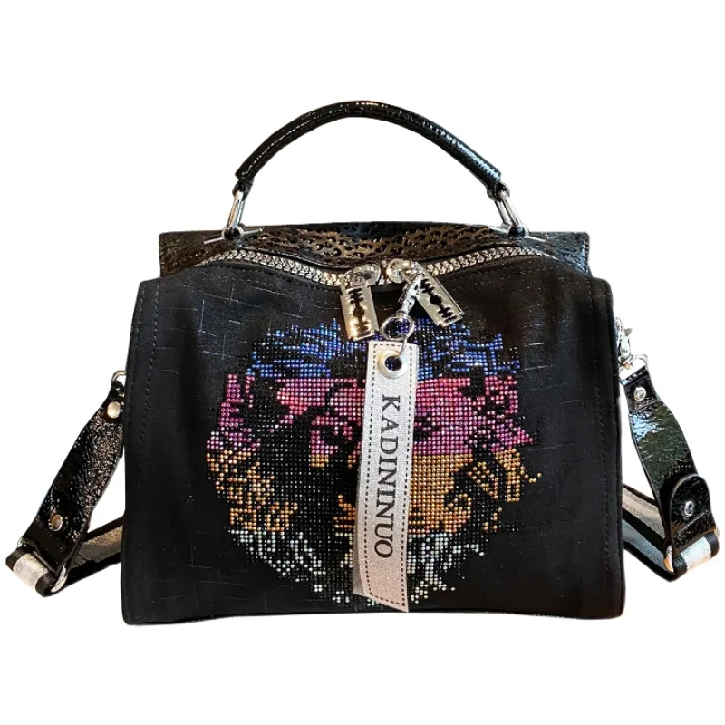 

Microfiber Synthetic Leather Handbags for Women Over Shoulder Bag Rhinestone Butterfly Lion Head Crossbody Bags Purses Satches