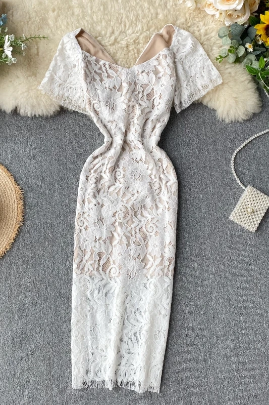 

Dress V-neck Lace Bodycon Ladies Summer Dress High Waist A Line Fashion Party Beach Dresses Women Vintage Elegant Midi Vestidos