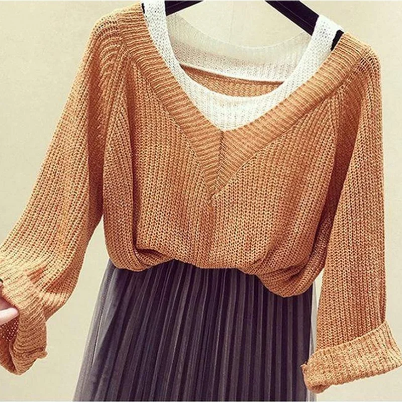 Pullover Sweater Women Winter 2020 Loose Long Sleeve Fake Two Fashion Knitted Sweaters Plus Size | Женская одежда