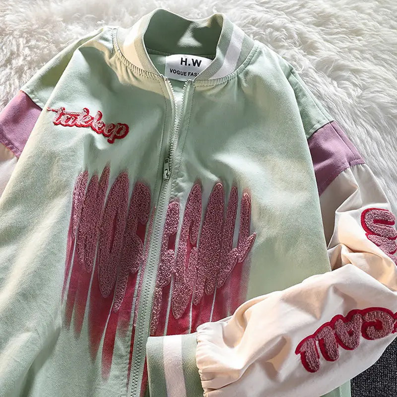 

Zip-Up Grunge Sweatshirt Harajuku O-neck 2022 Spring Oversized Hoodies Baseball Uniform Jacket Y2K Goth Kawaii Letter Embroidery