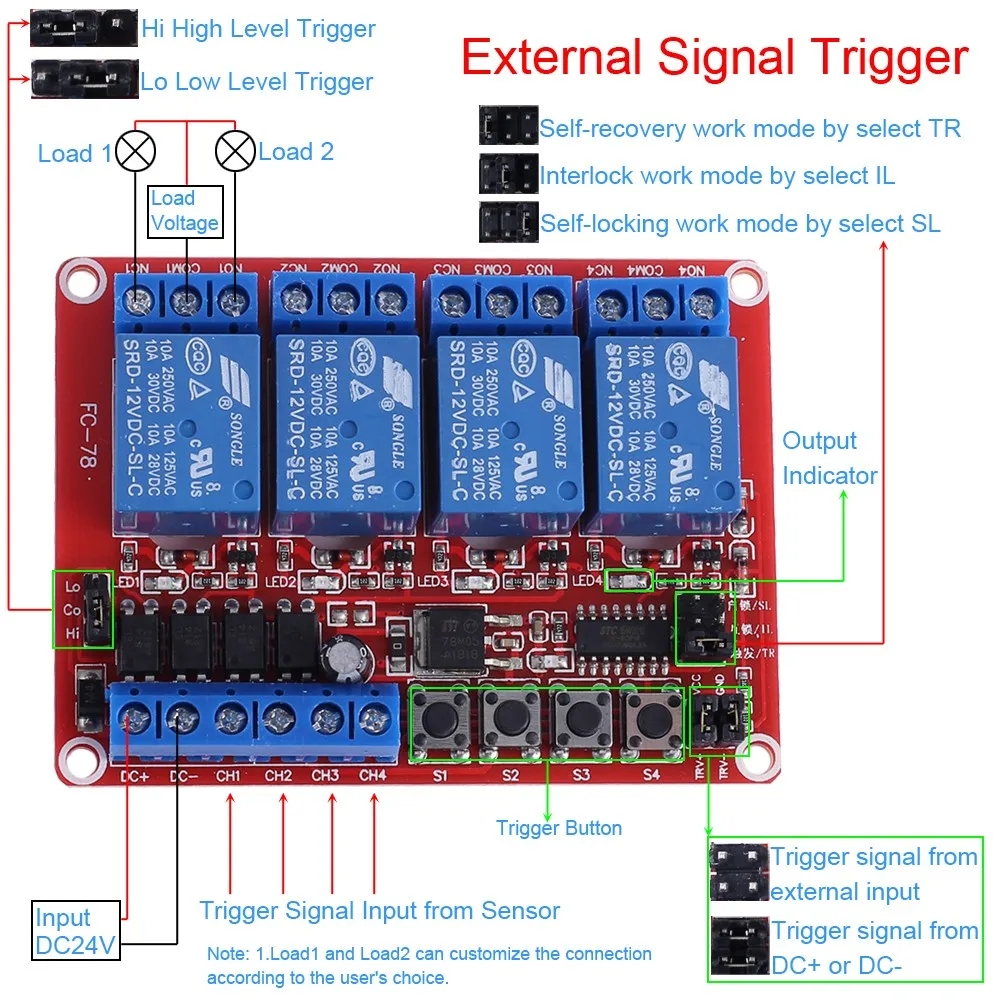 

DC 12V 4 Channel Relay Module High/ Low Level Trigger Momentary Inching/ Self-locking/ Interlock Control DIY Electric Fan Switch